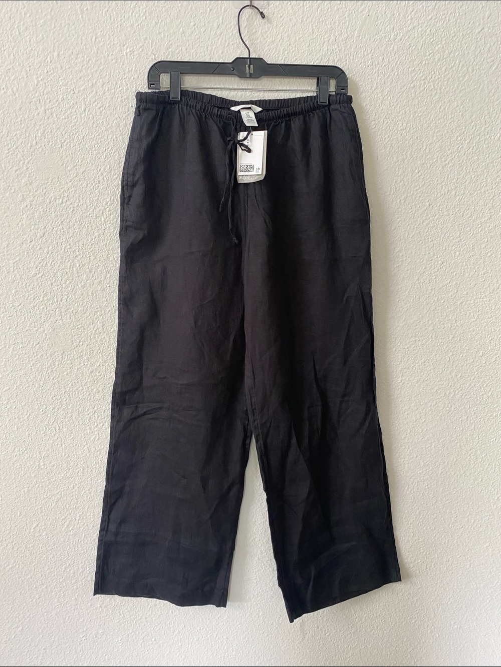 H&M Black 100% Linen Drawstring wide leg pants size medium